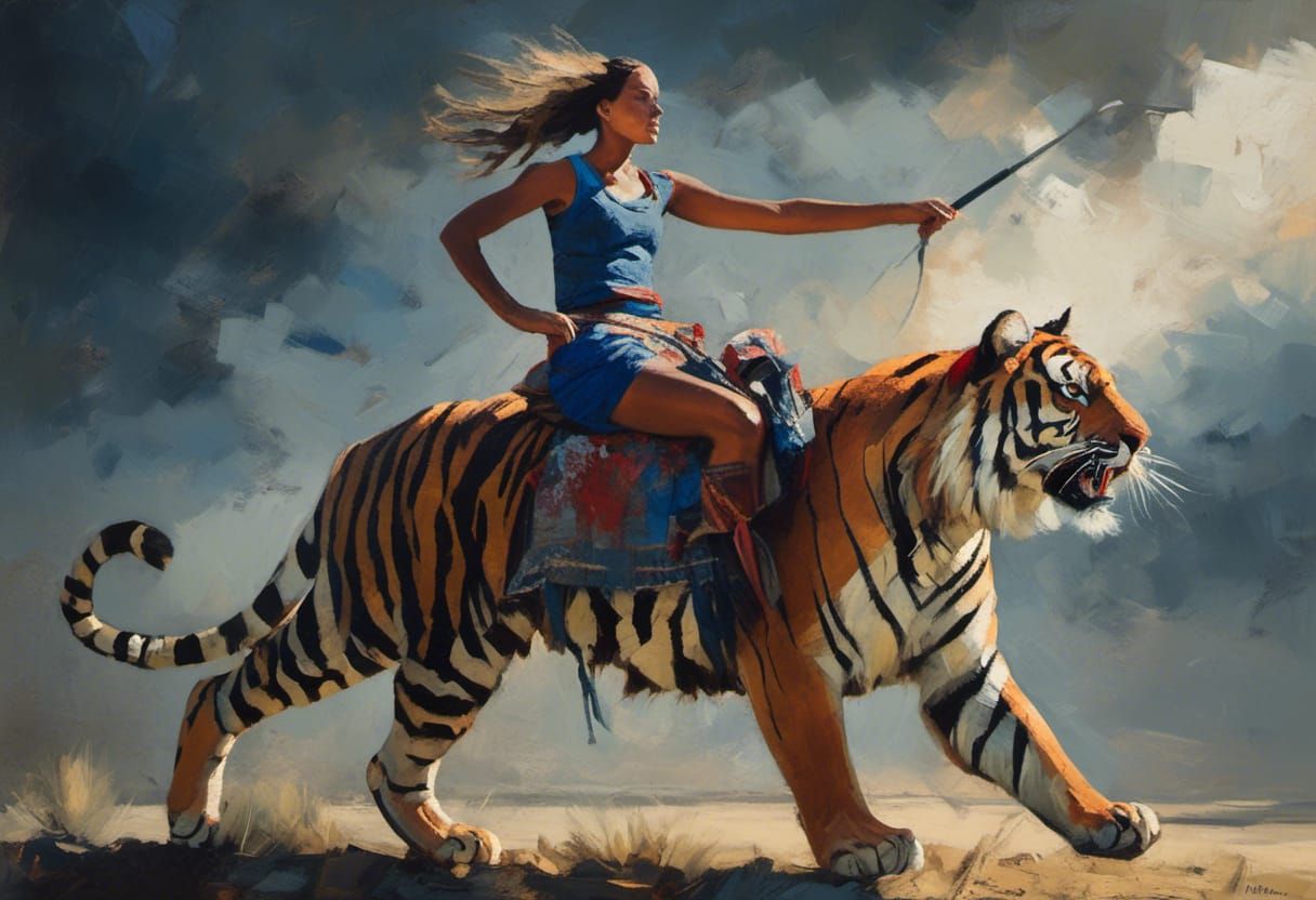 Fierce Warrior Woman Riding a Tiger