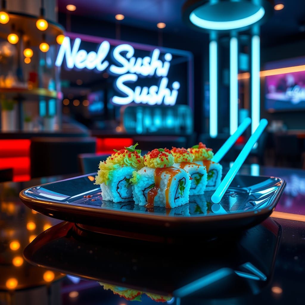 Neon Sushi in Futuristic Restaurant with Cyberpunk Lighting