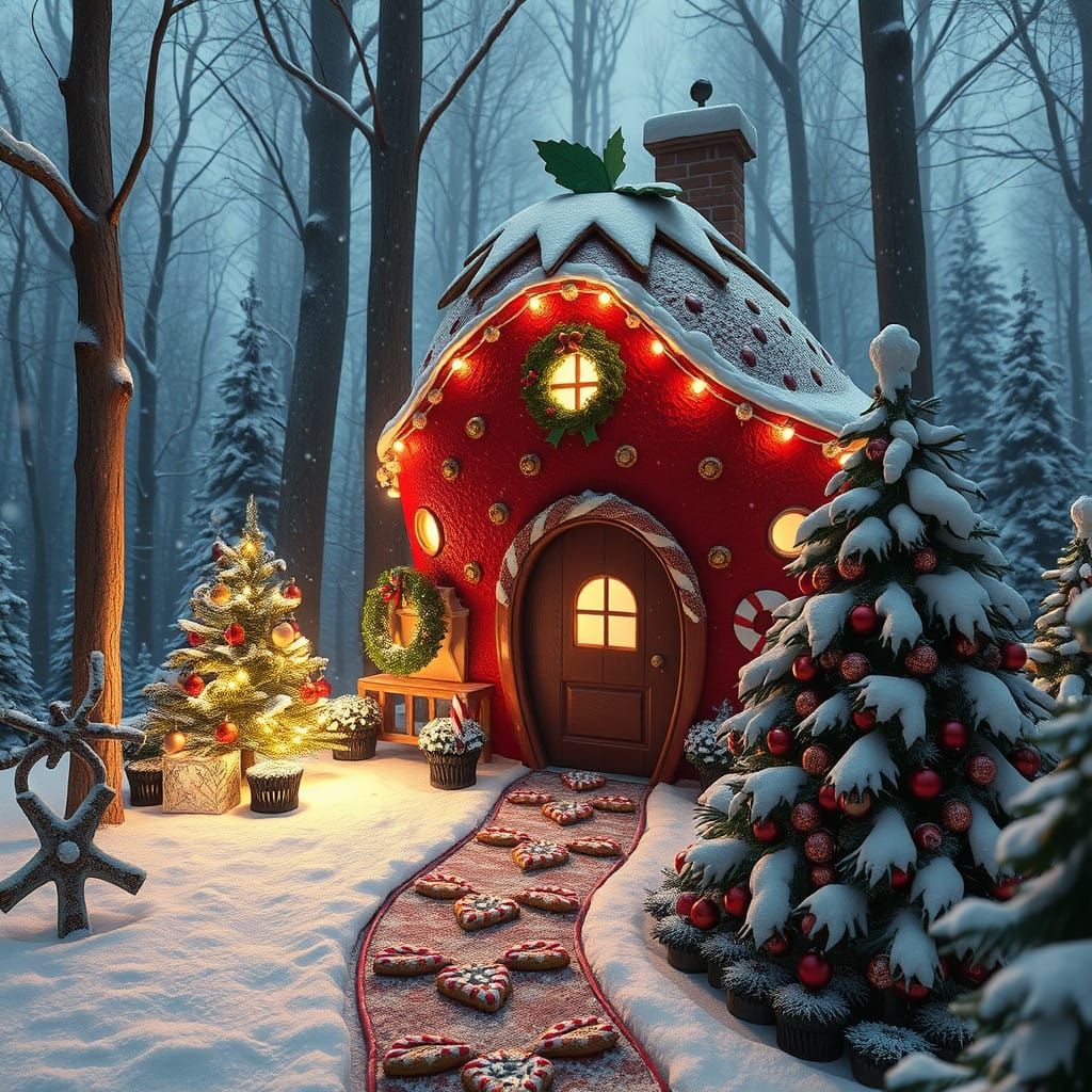 Whimsical Strawberry House in Snowy Forest Christmas Scene