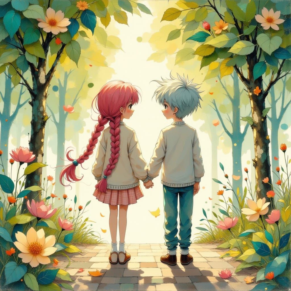 Anime Couple Holding Hands in Park, Ghibli Style
