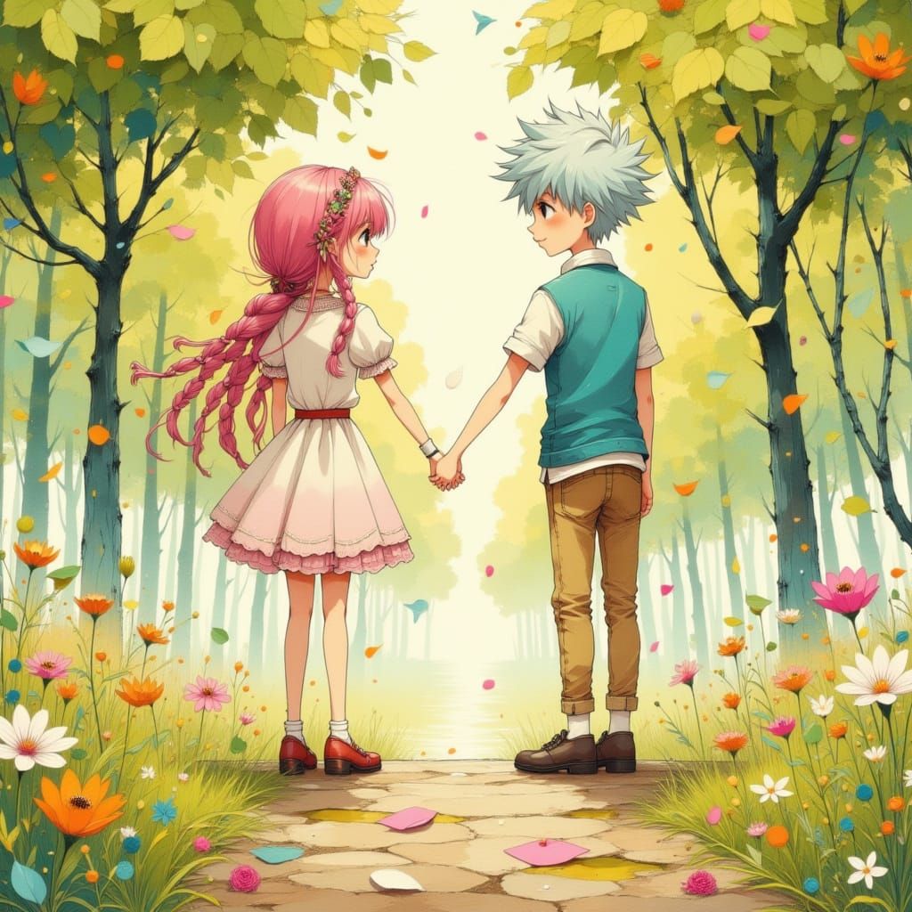 Anime Couple Holding Hands in Park, Studio Shibli Style