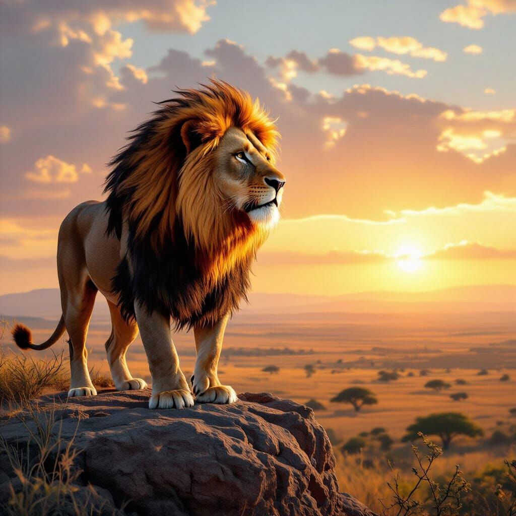 Majestic Lion with Fiery Mane on Savanna Overlook