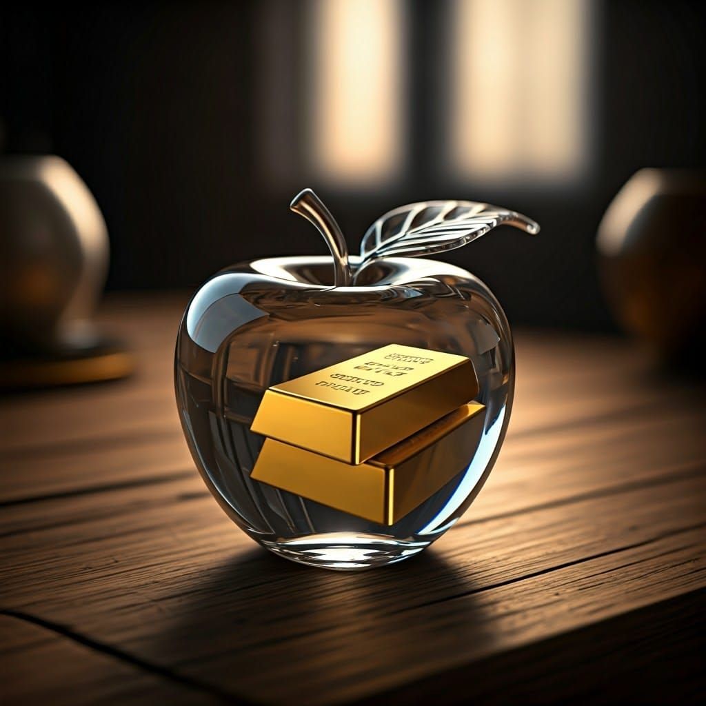Luxurious Glass Apple with Gold Bar in Warm Ambient Light