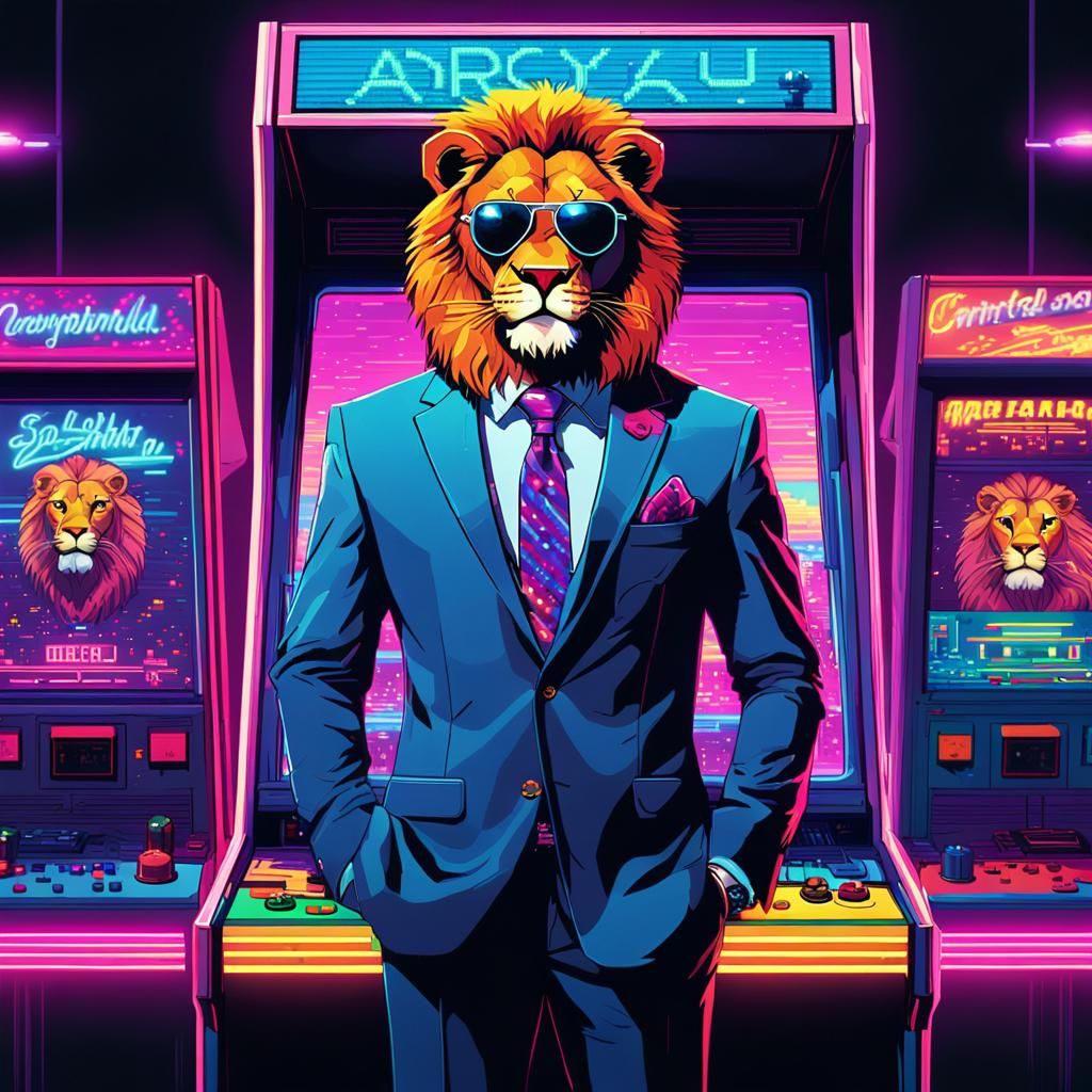 Pixel Art Lion in Suit, Synthwave Arcade