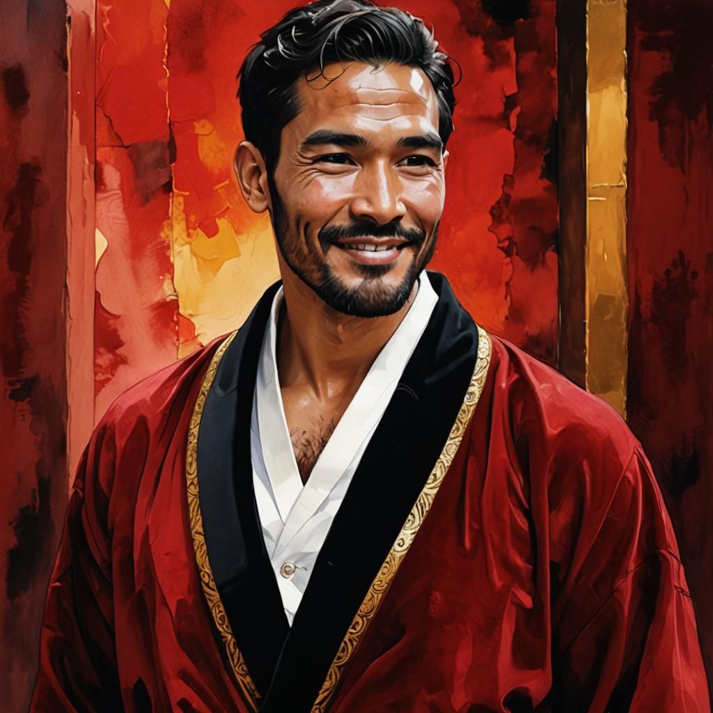 Smiling Peruvian Man in Red Velvet Robe: Impasto Oil Paintin...