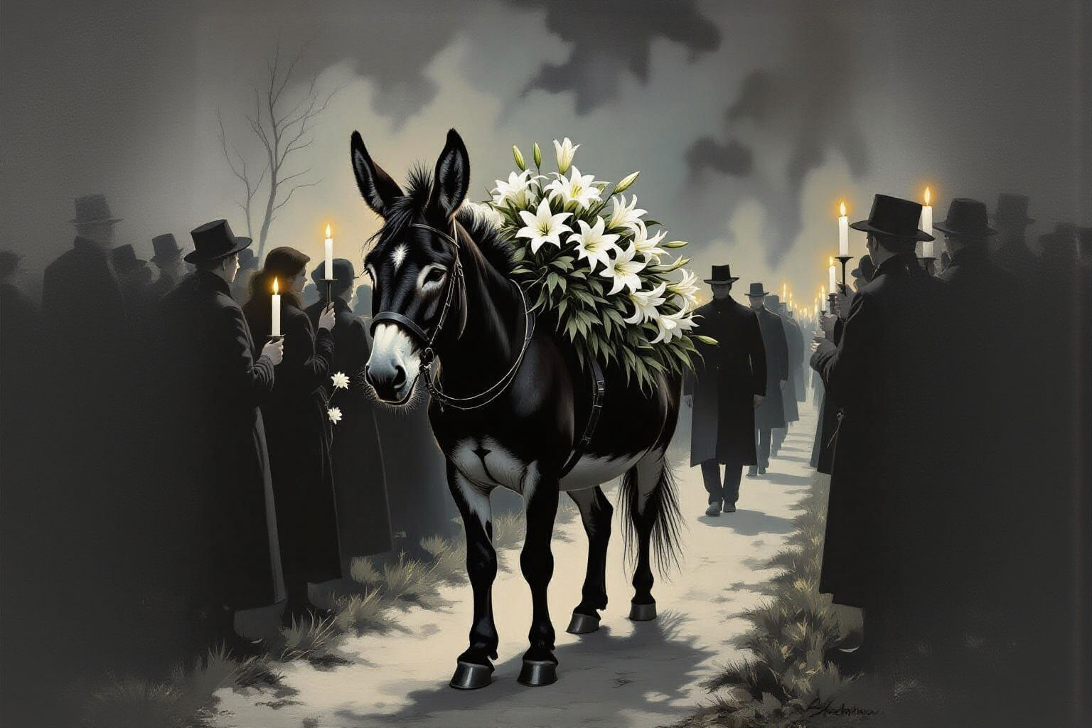 Donkey Leads Funeral Procession with Lilies