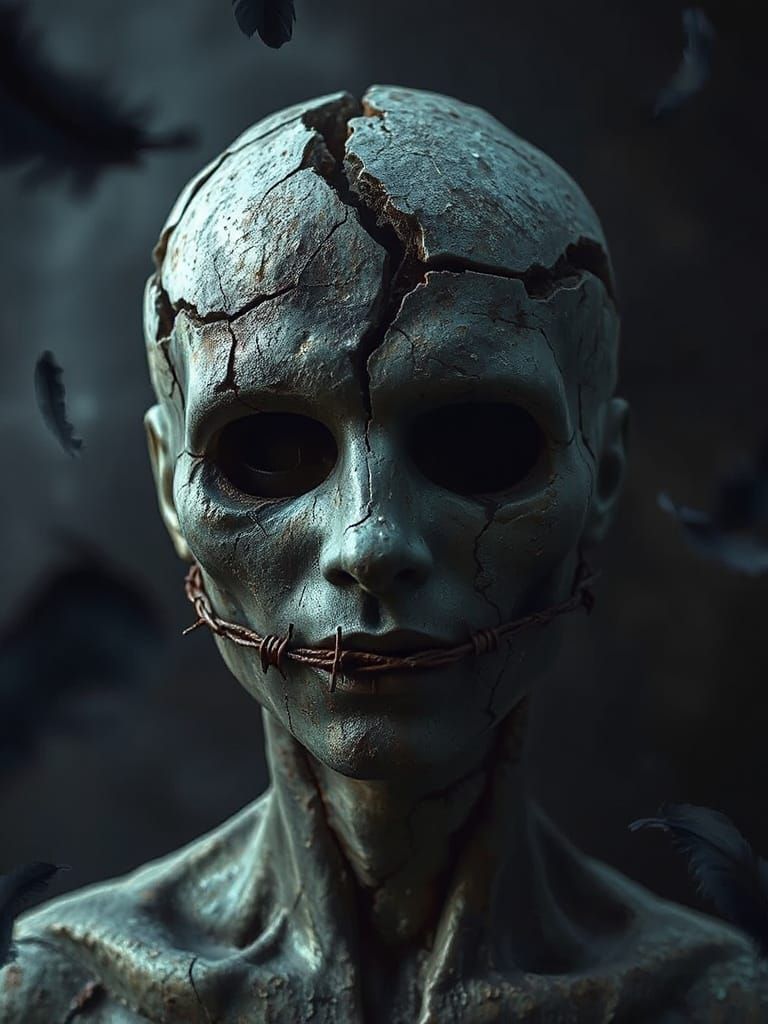 Haunting Barbed Wire Statue in Dark Biomechanical Style