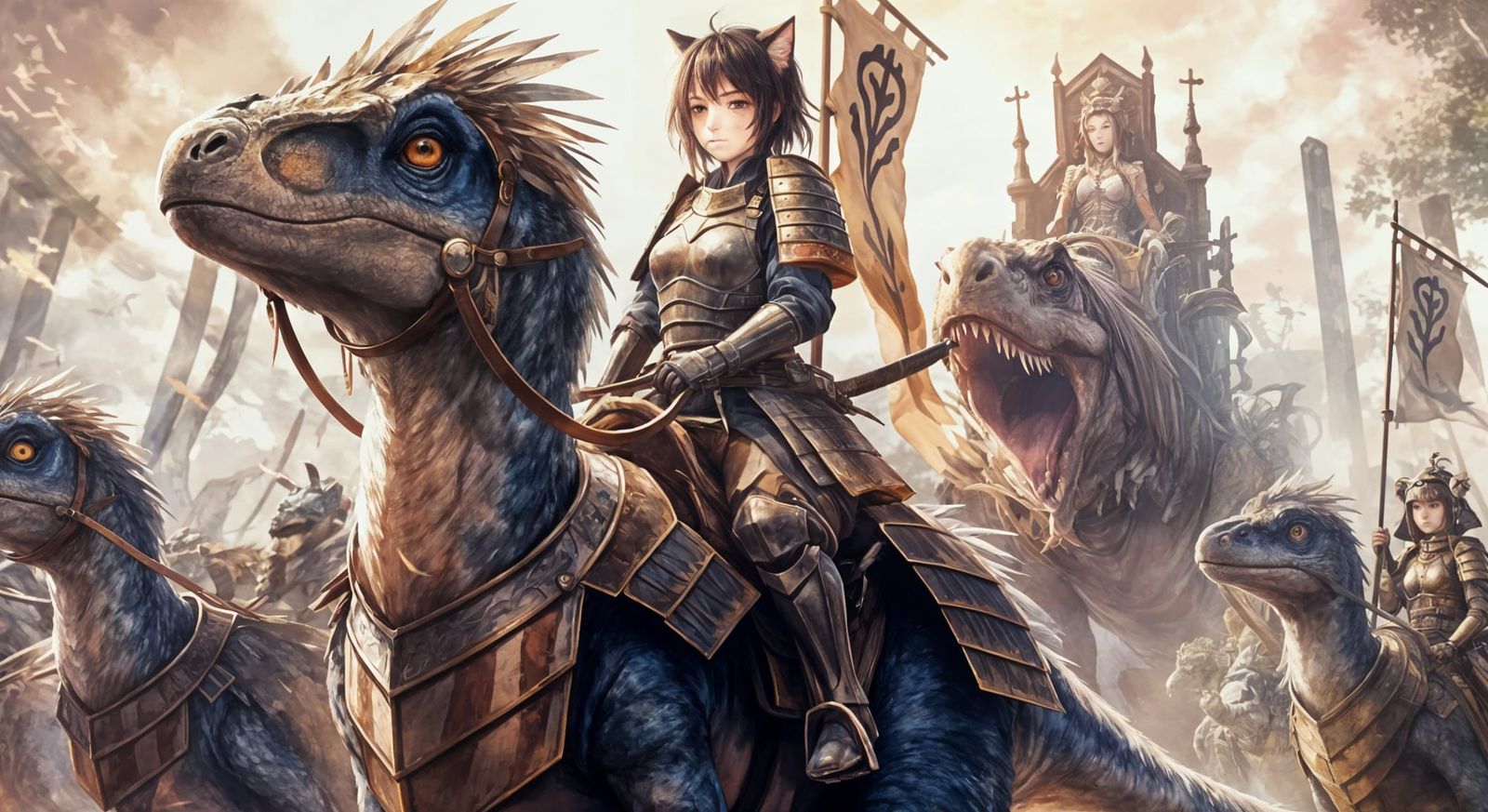 Anime Catgirl Rides Armored Velociraptor in Digital Art