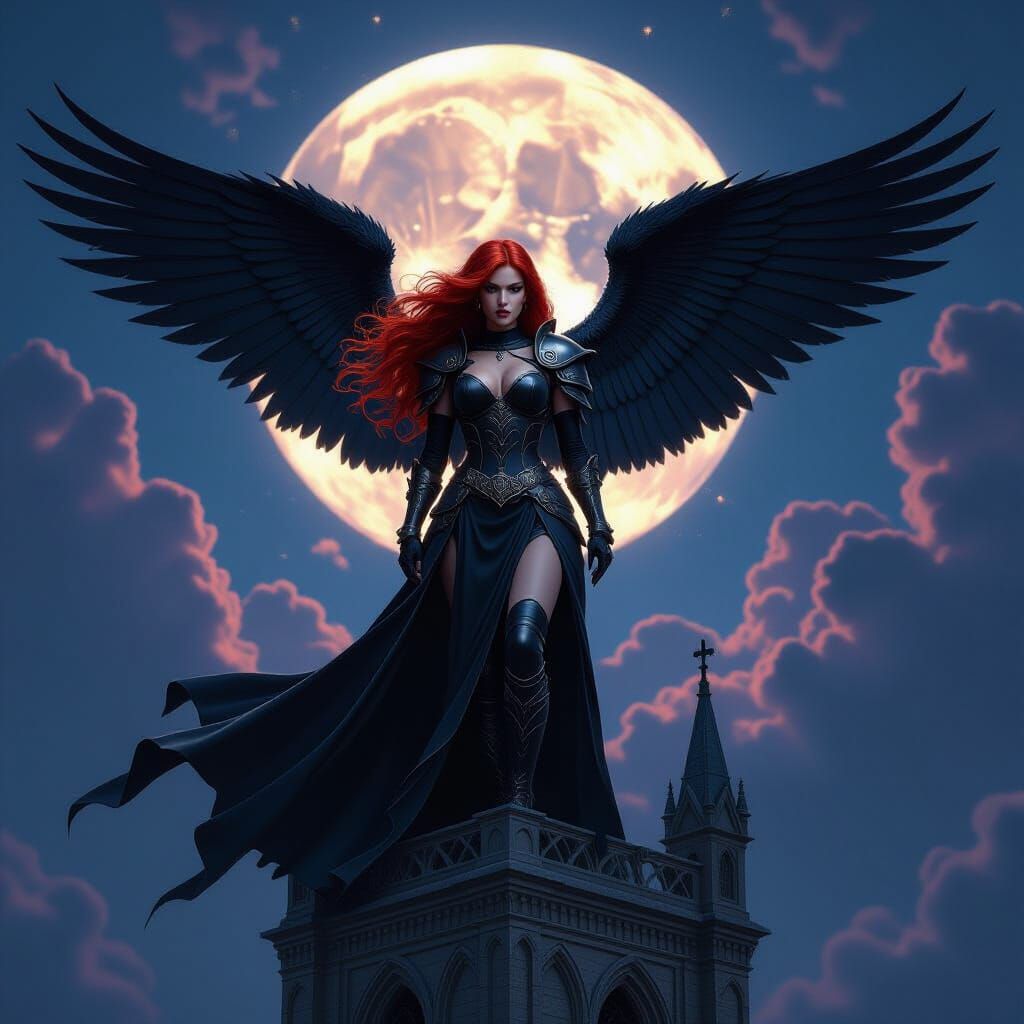 Angel Warrior on Cathedral Tower Under Nebula Sky