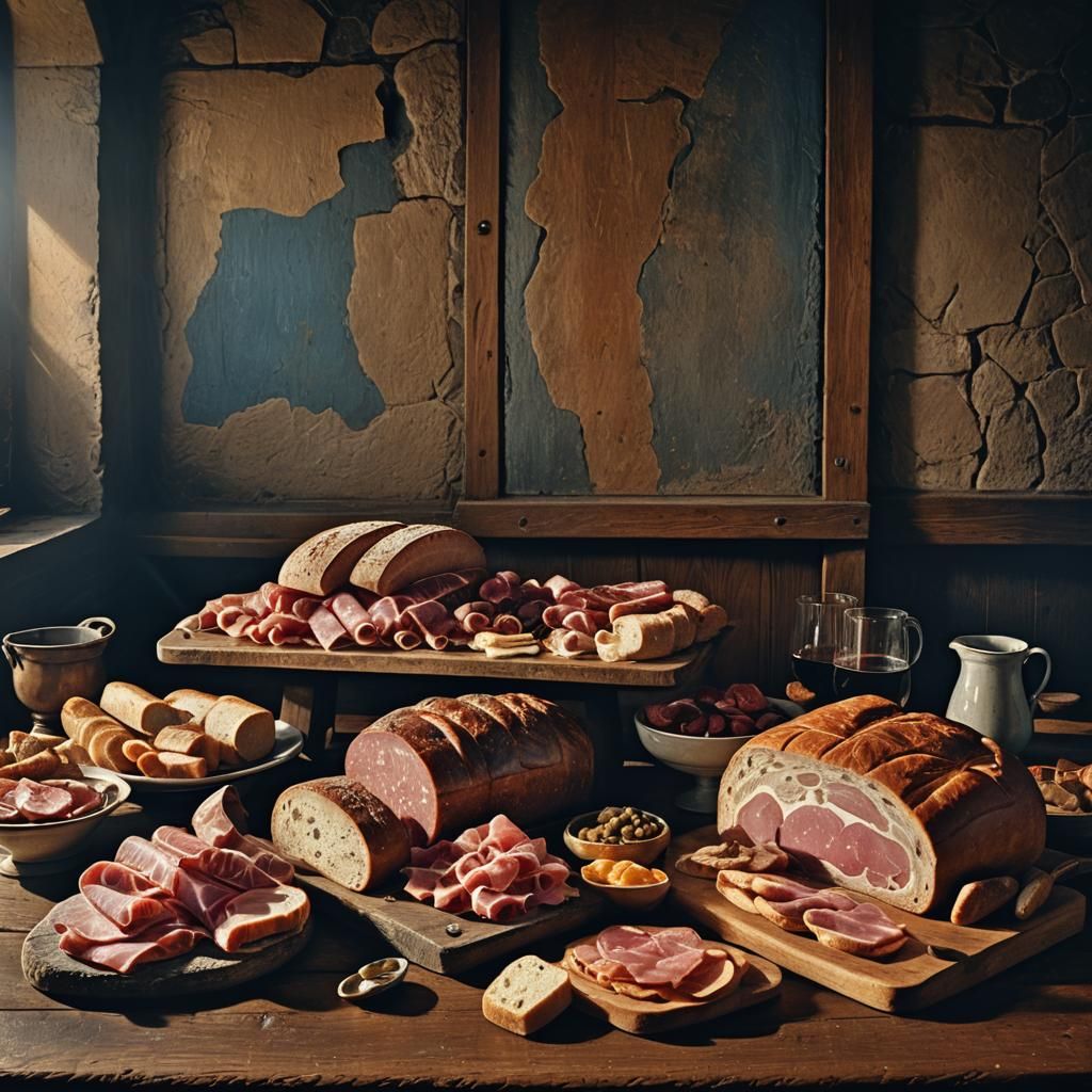 Chiaroscuro Still Life with Cured Meats and Bread