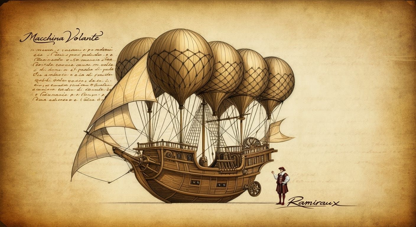 16th-Century Wooden Flying Machine Illustration in Hand-Draw...