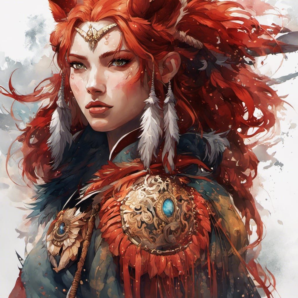 Red-Haired Wolf Goddess: Detailed Watercolor Illustration