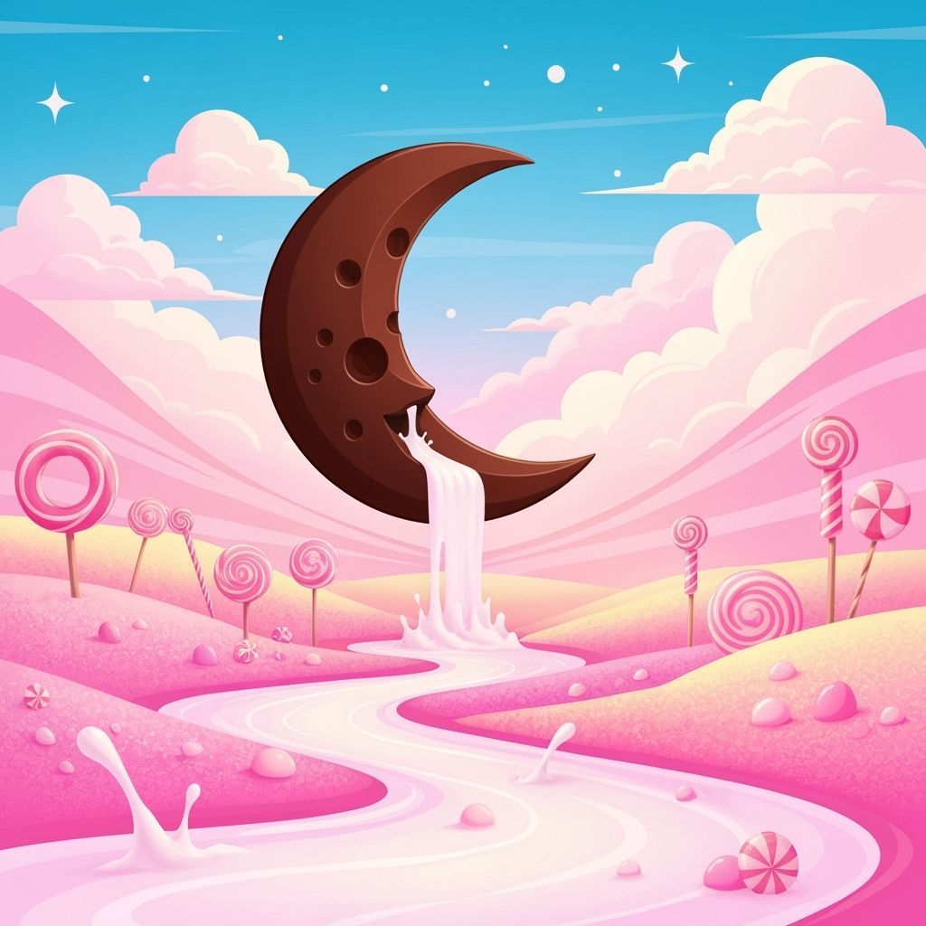 Whimsical Candy Landscape with Chocolate Moon and Milk River