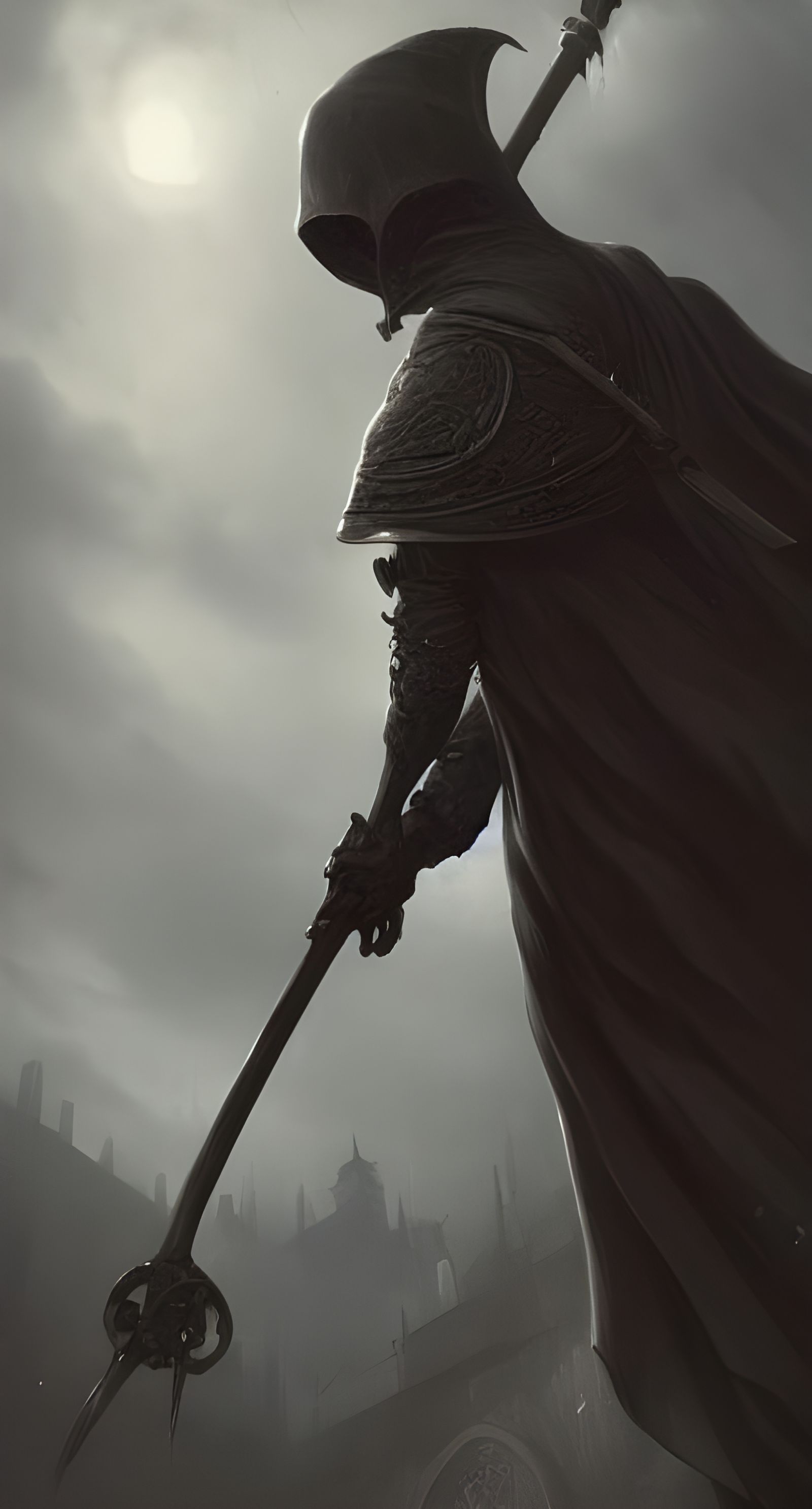Grim Reaper Scythe in Medieval City, Digital Art