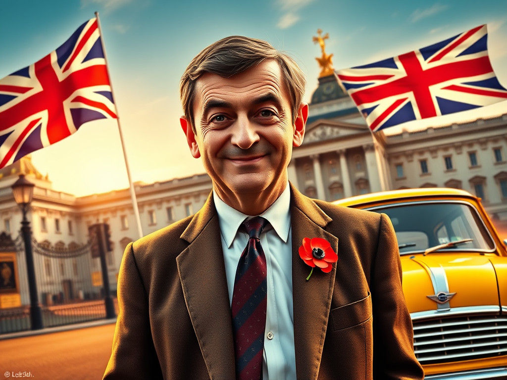 Mister Bean at Buckingham Palace in Hyperrealistic Style