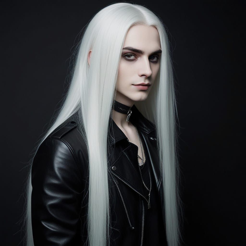 Gothic Youth Smiles in Leather Jacket with Long White Hair
