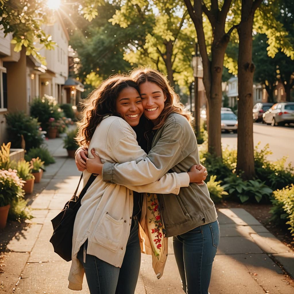 Friends Embrace in Golden Sunlight: Cinematic Film Still