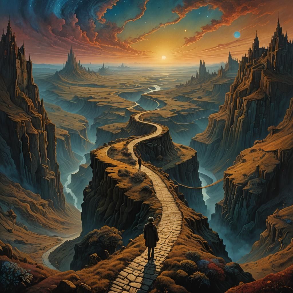 Surreal Journey Through Time in Dreamlike Landscape