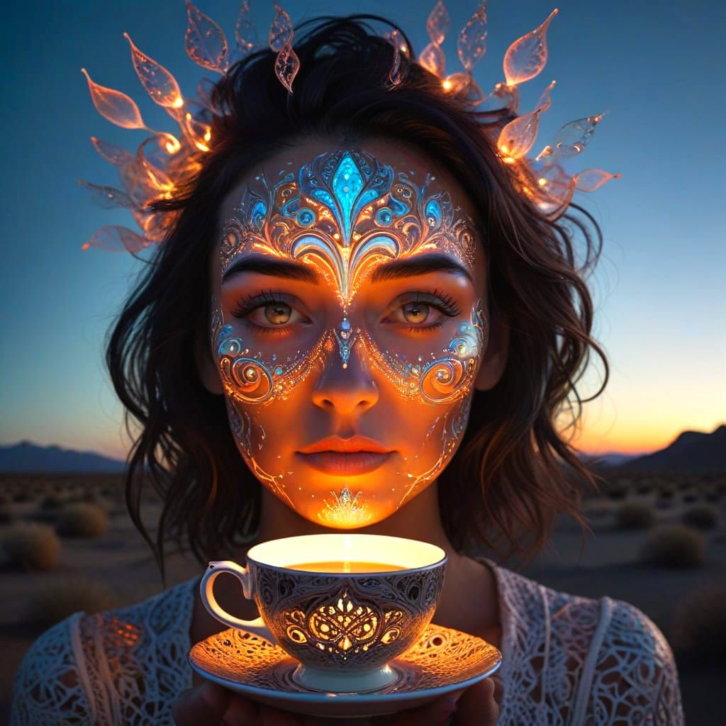 Surreal Neon Desert Landscape with Smiling Teacups