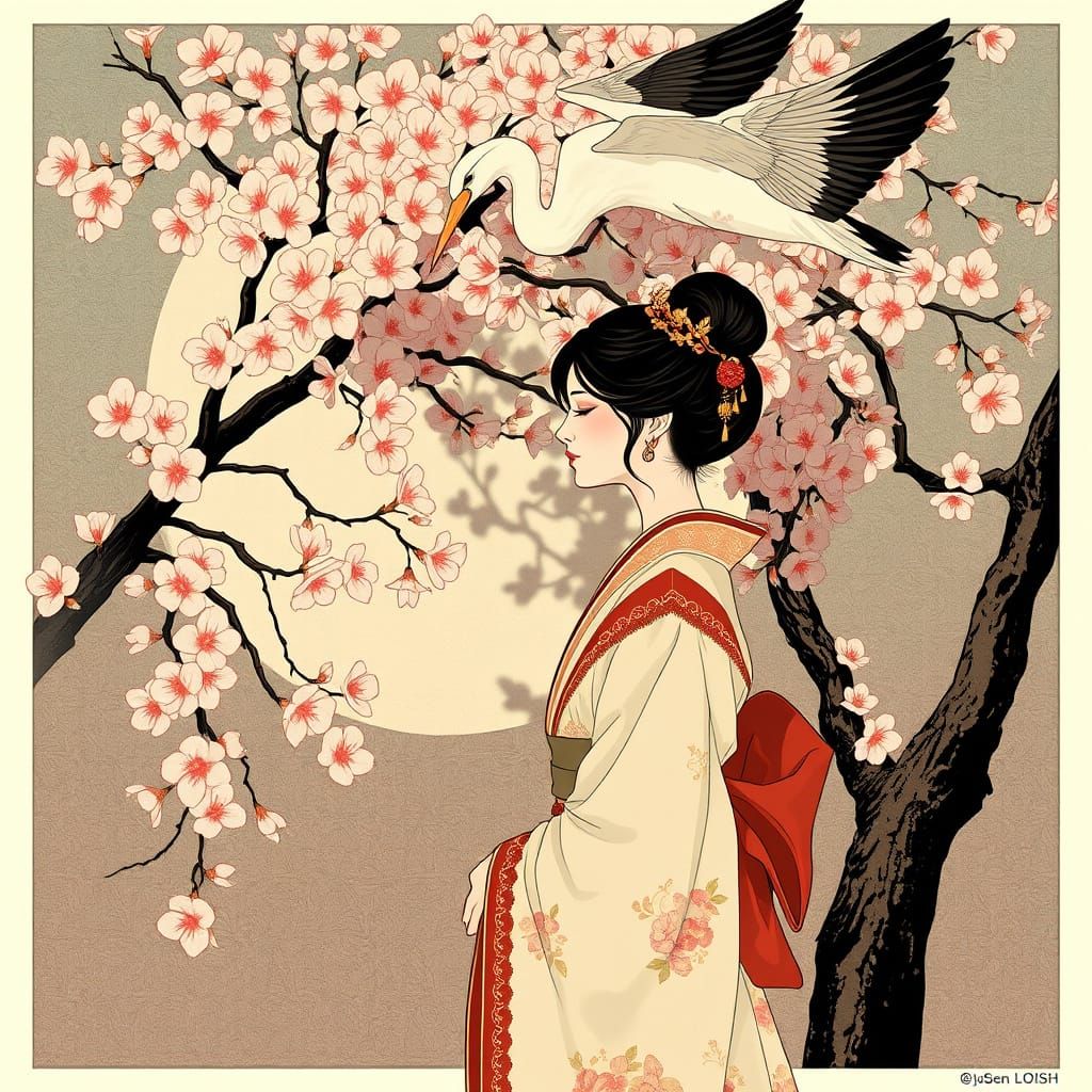Woman in Kimono with Crane Shadow, Art Nouveau Style