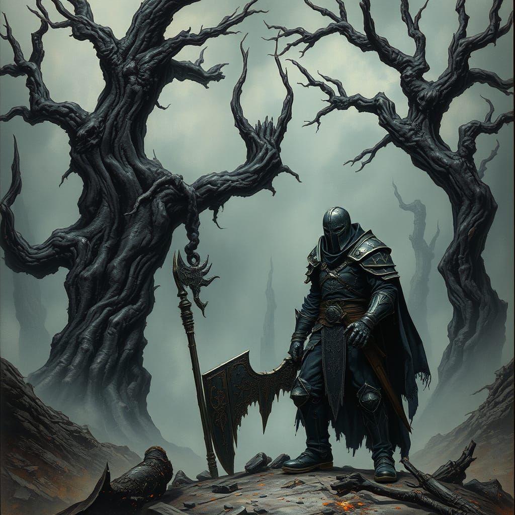 Dark Armored Warrior in Mystical Ruined Landscape