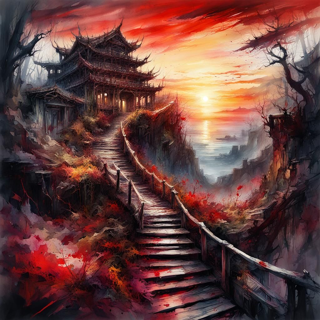 Bloody Sunset Path: Digital Watercolor Art