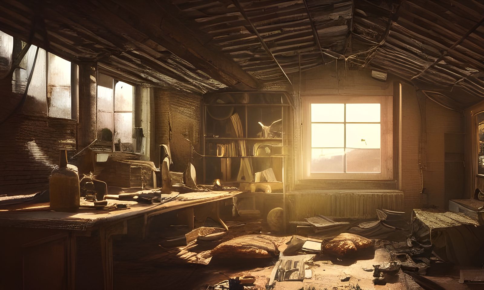 Desolated Vintage Attic in Post-Apocalyptic Light
