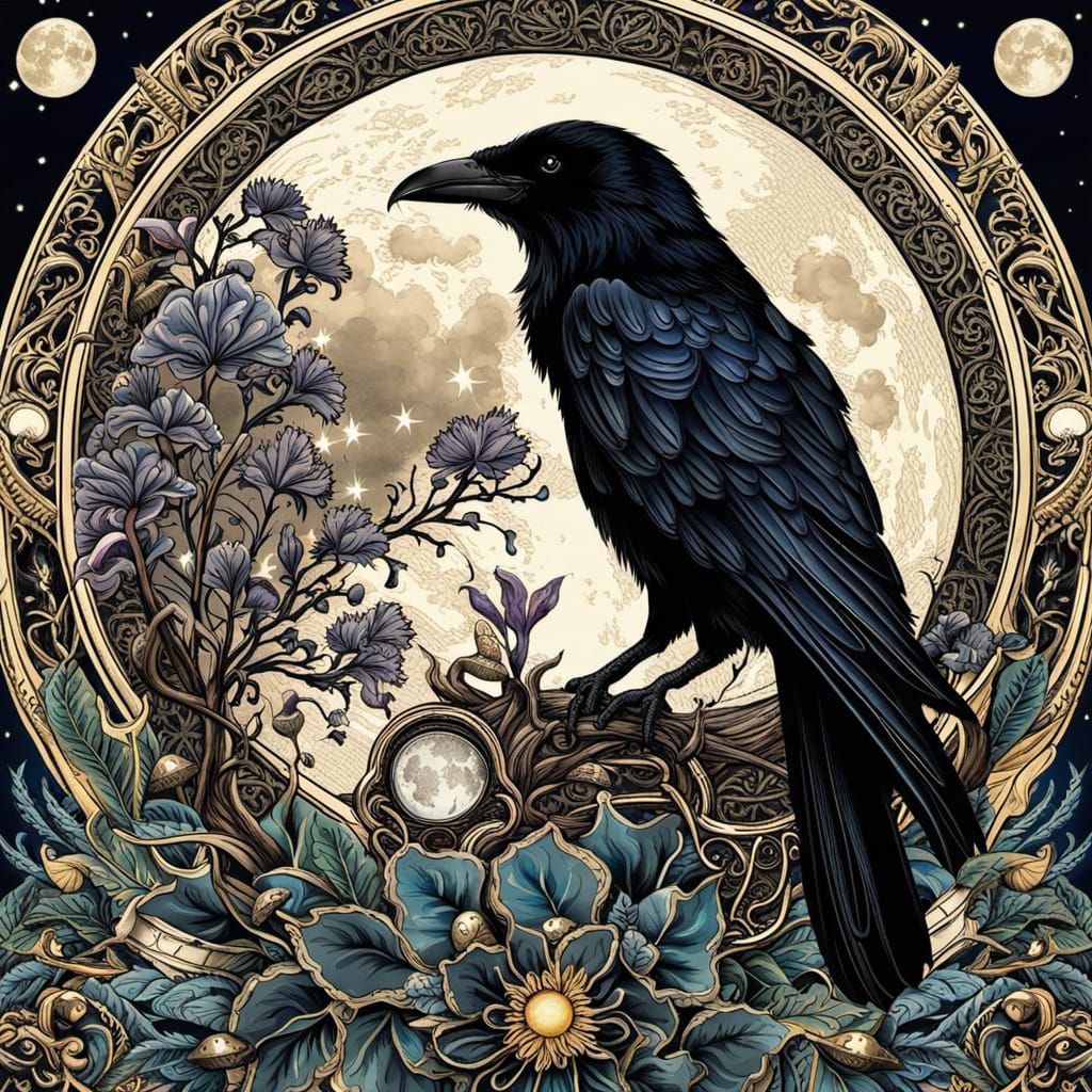 Raven on Crescent Moon in Ornate Botanical Design