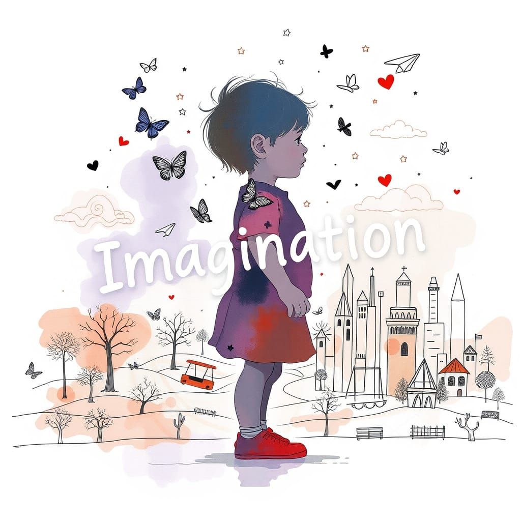 Child Embodied by Butterflies and Paper Planes in Abstract A...