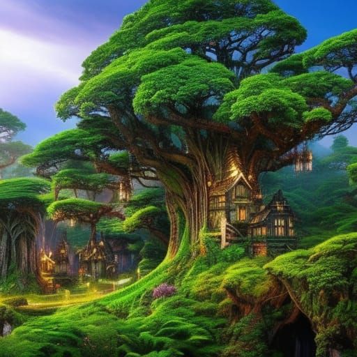 Epic Ancient Tree Village in Fantasy Landscape