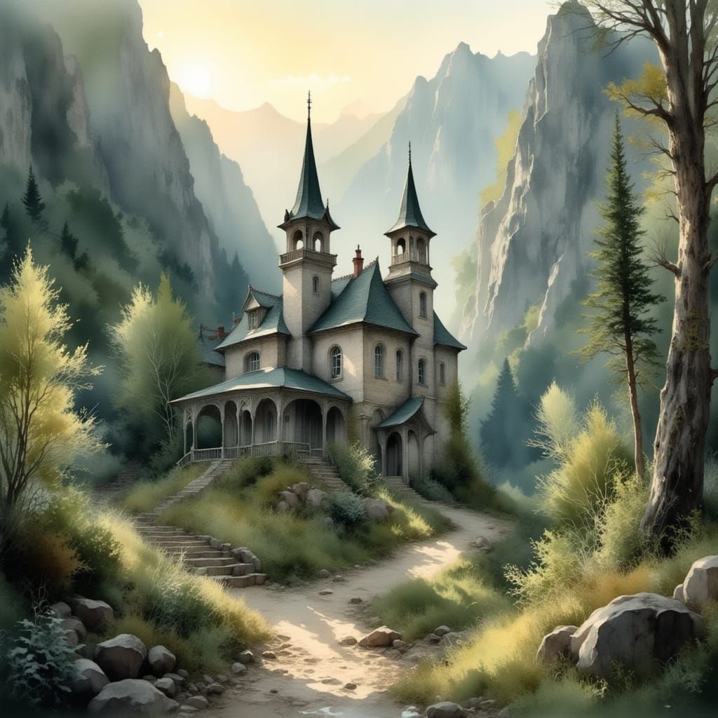 Baroque Church in Lush Mountain Landscape