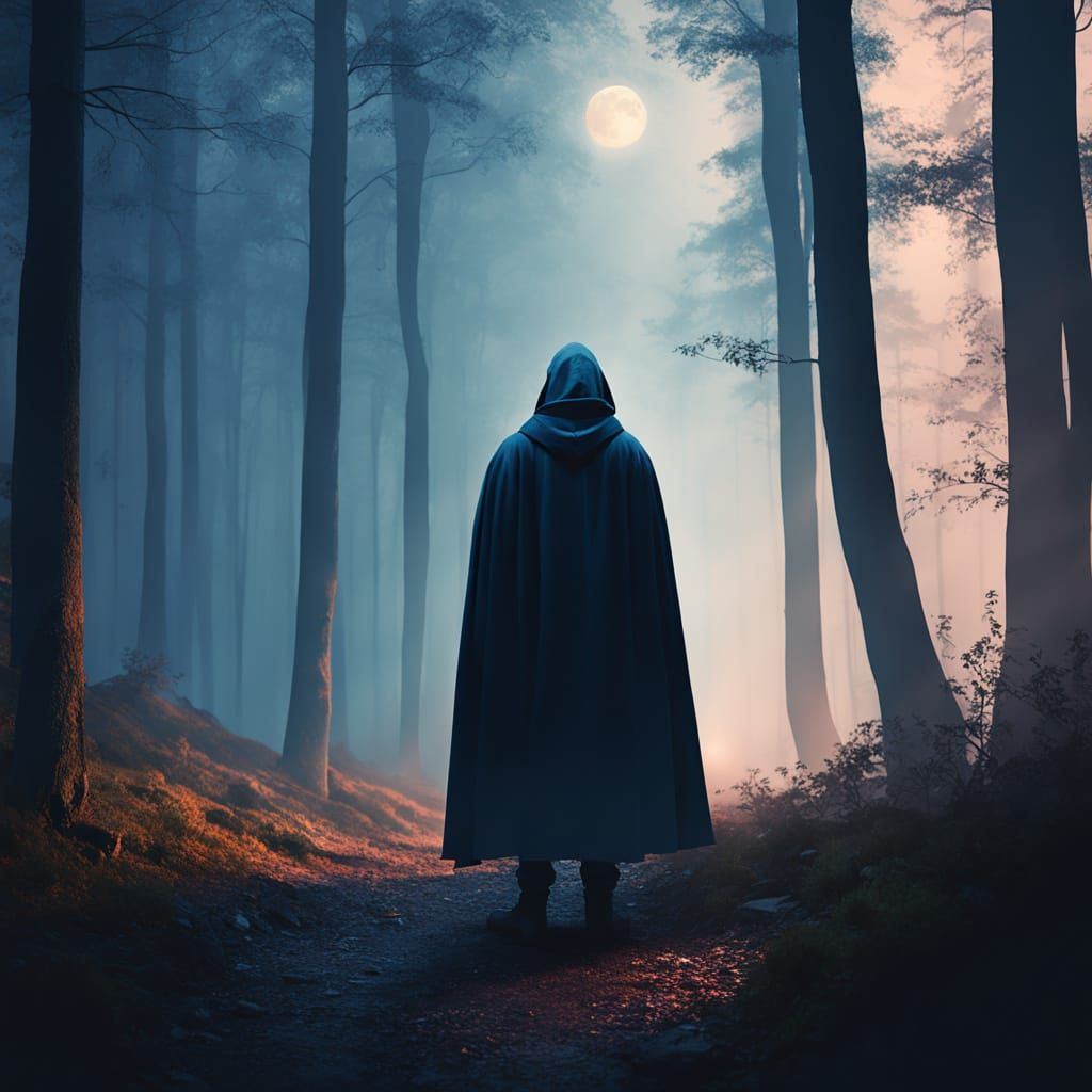 Mysterious Figure in Misty Moonlit Forest - Hyperrealistic C...