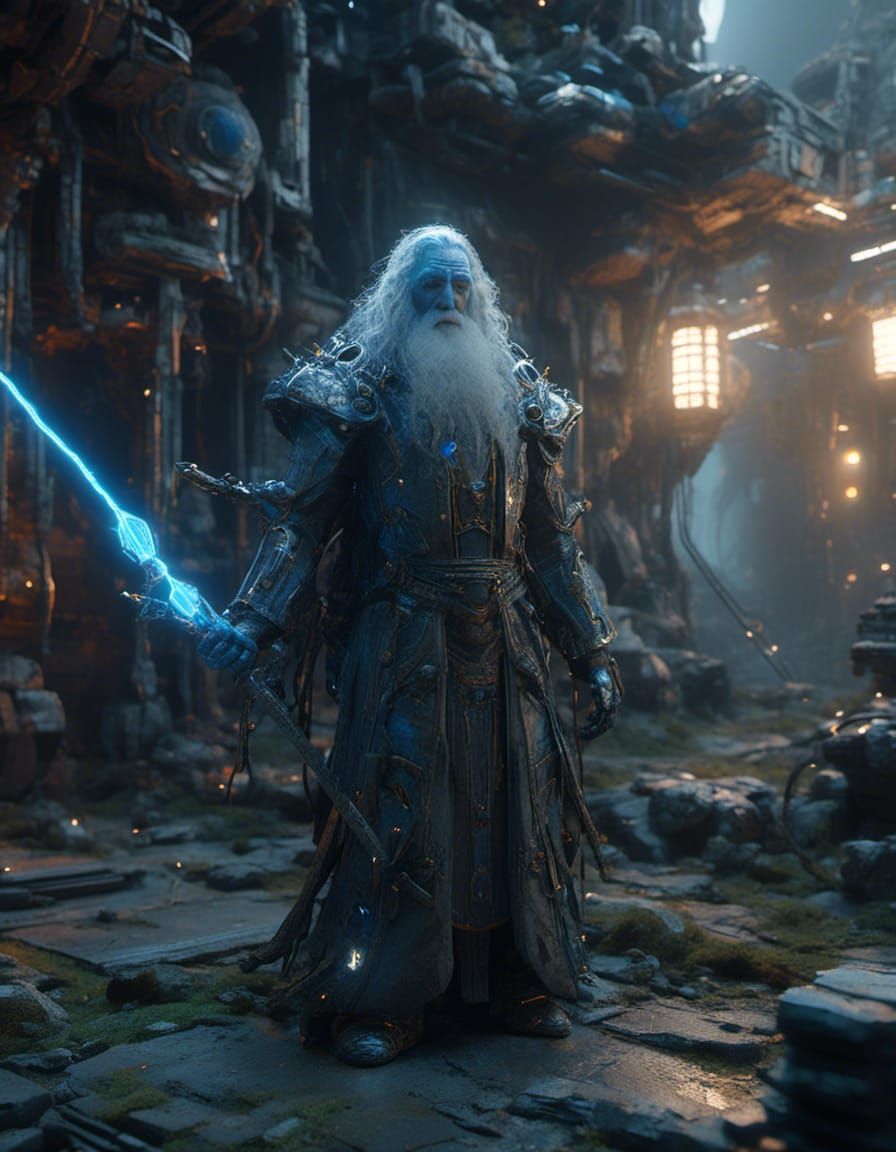Futuristic Android Gandalf with Glowing Wand