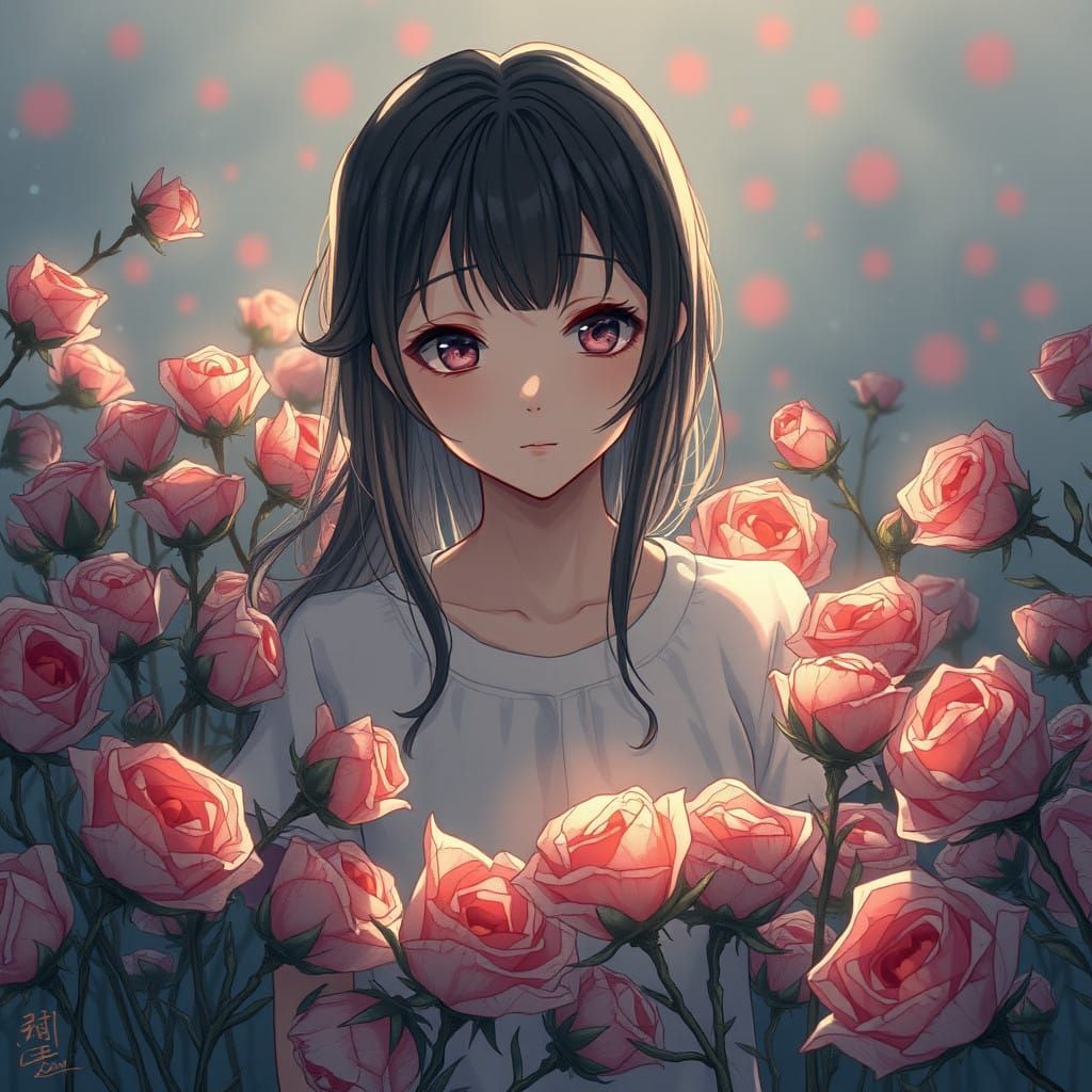Manga-Inspired Girl Amidst Wilted Roses in a Faded Anime Key...