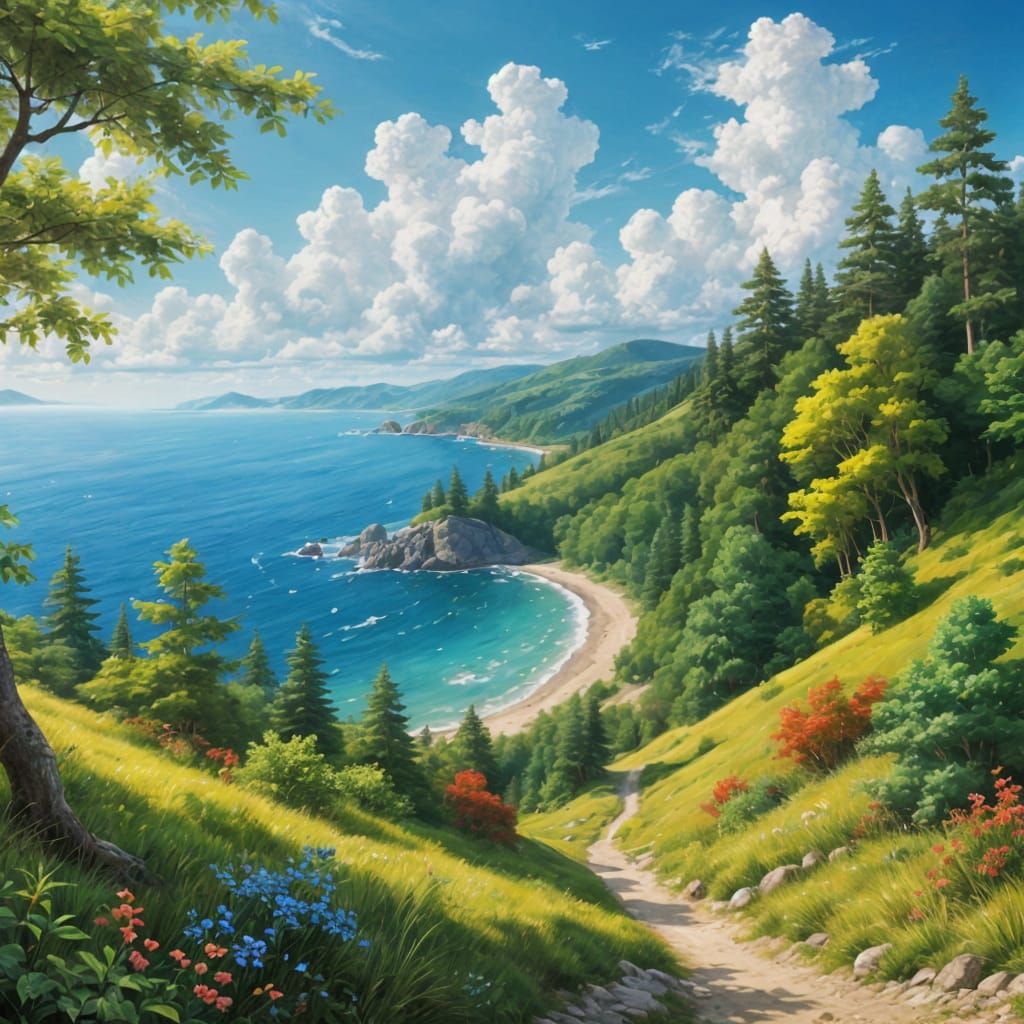 Vivid Summer Forest Landscape by the Sea