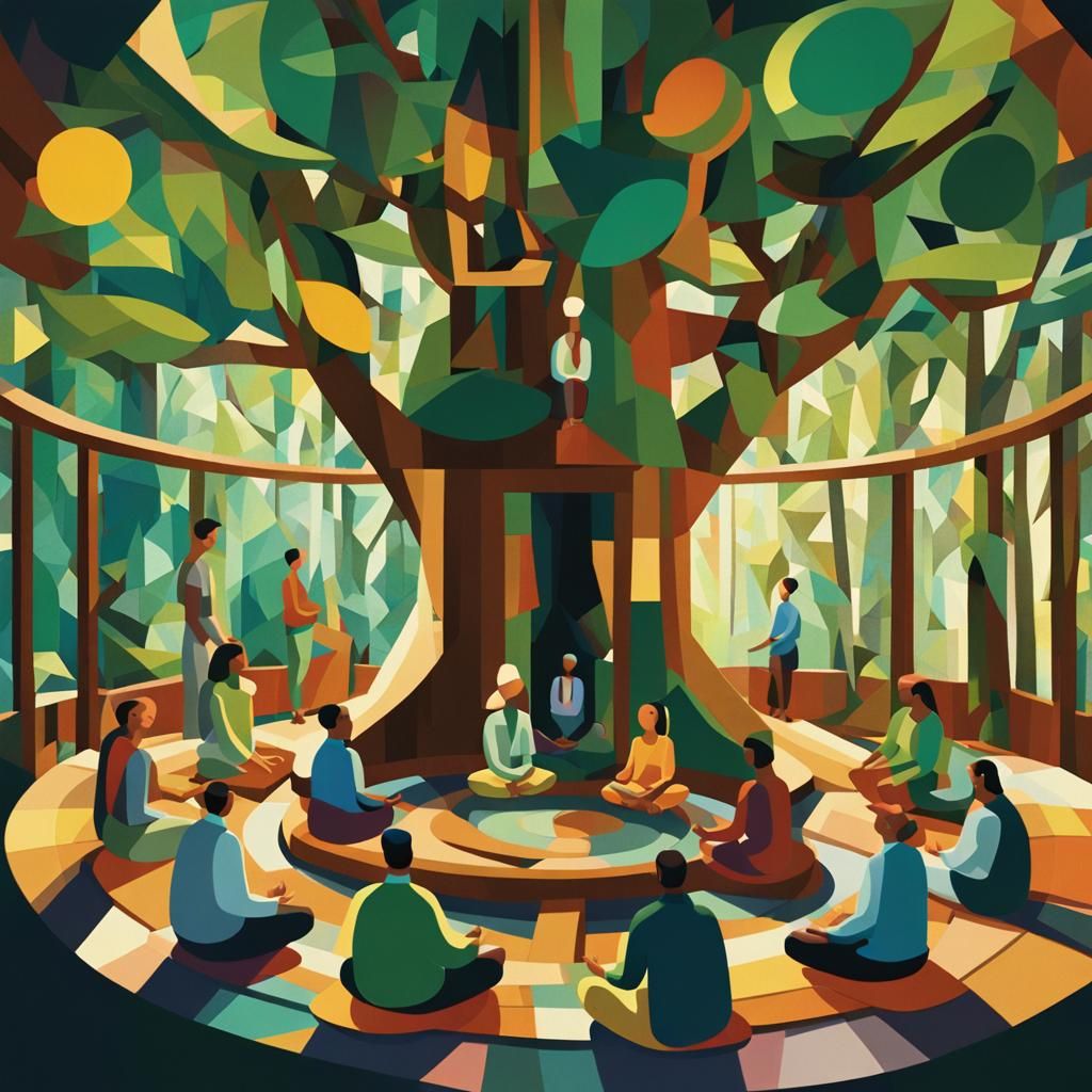 Meditating in a Treehouse: Abstract Cubism Style