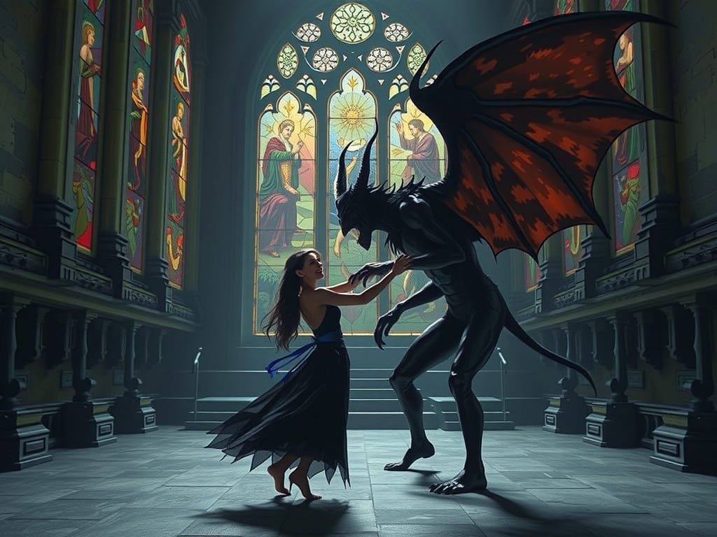 Dark Elf Woman Dances with Demon in Stained Glass Hall