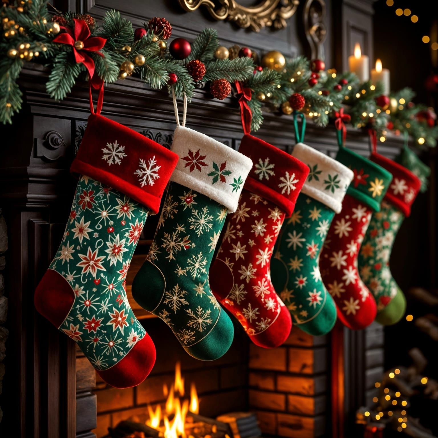 Festive Christmas Stockings by Fireplace in Detailed Matte P...