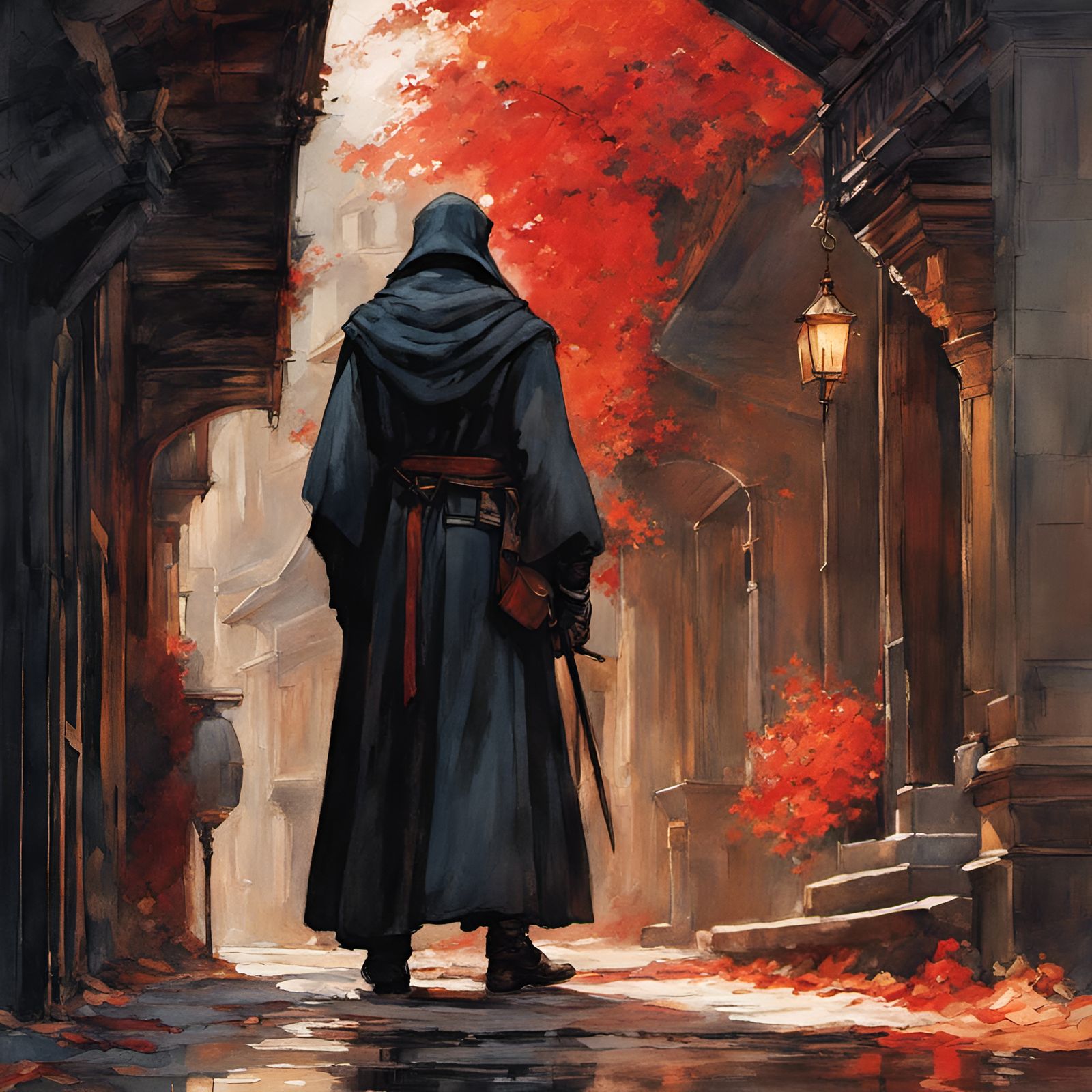 Crippled Man in Red Cloak: Ghibli-Style Watercolor