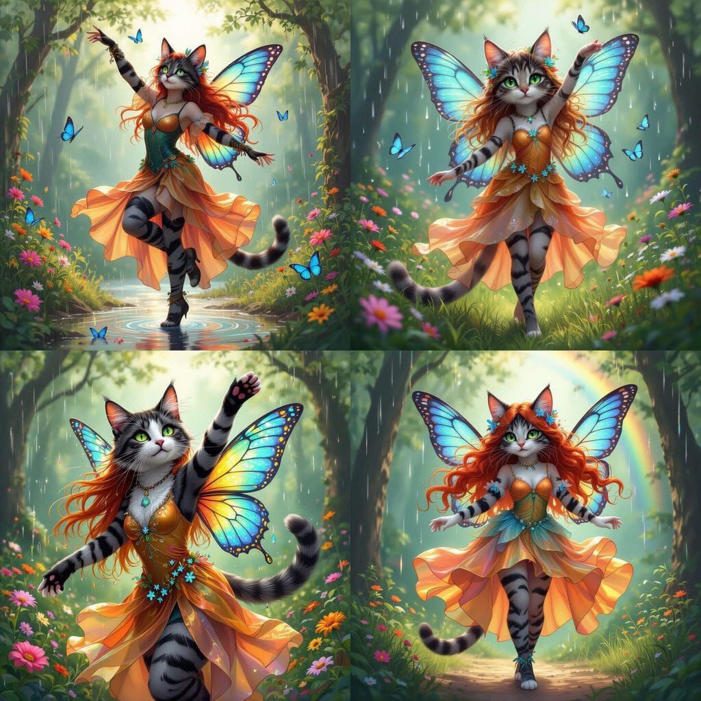 Tabby Cat Fairy Dancing in Rainy Forest