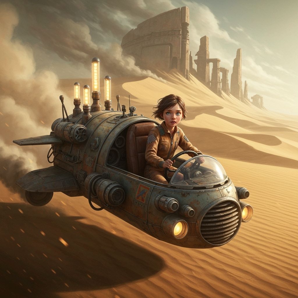 Girl Pilots Retro Hovercraft Through Desert Sandstorm