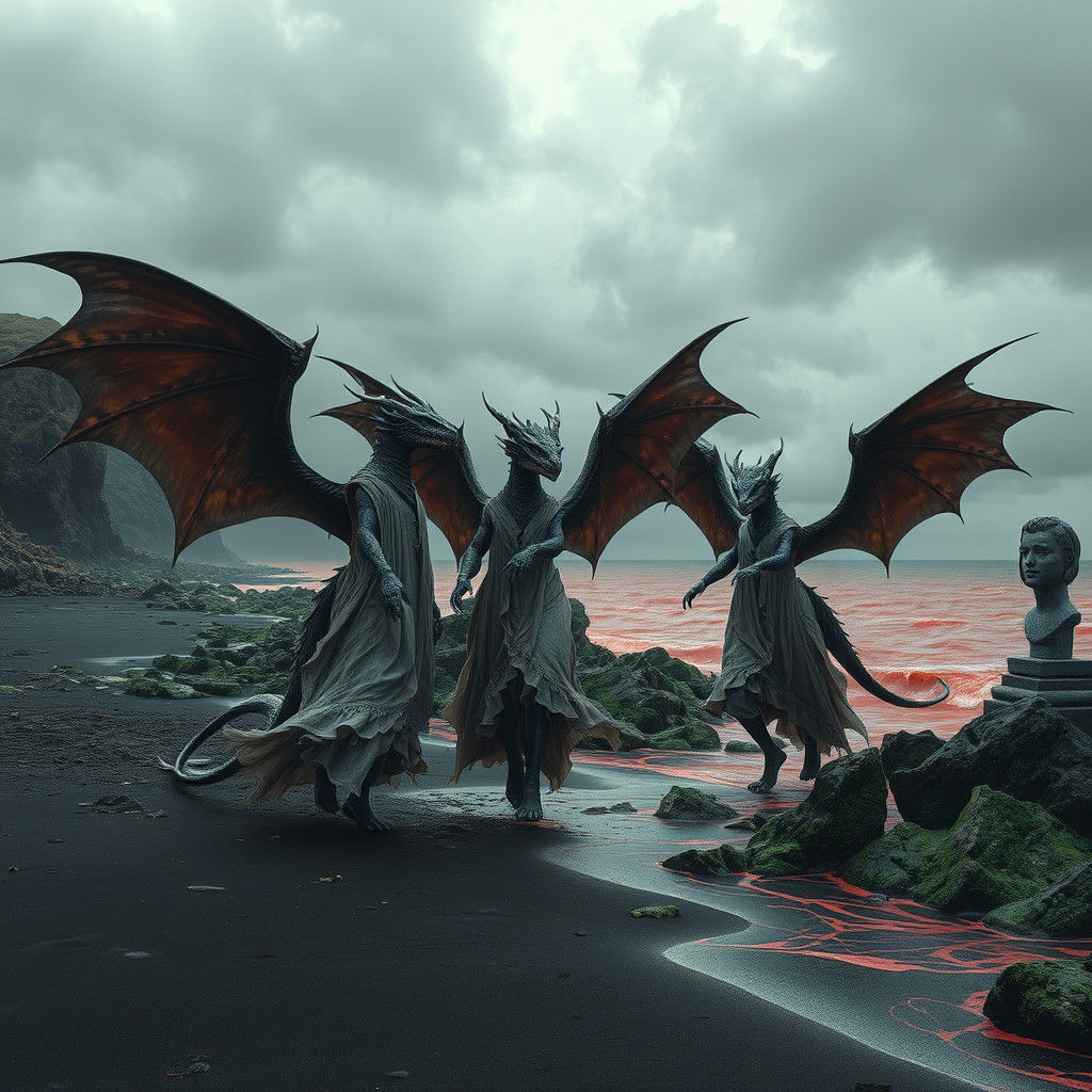 Winged Dragons Dance on a Somber Shoreline