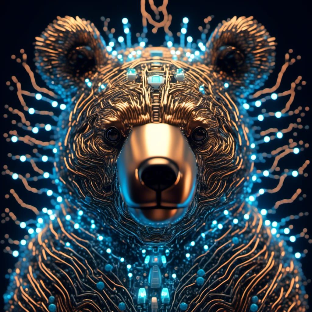 Bioluminescent Chrome Circuit Board Bear with Glowing Wires