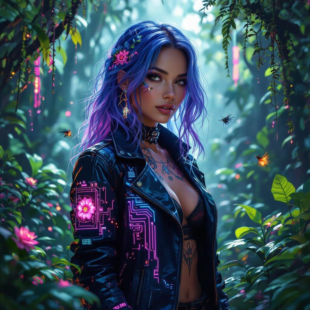 Cyberpunk Woman in Bioluminescent Rainforest