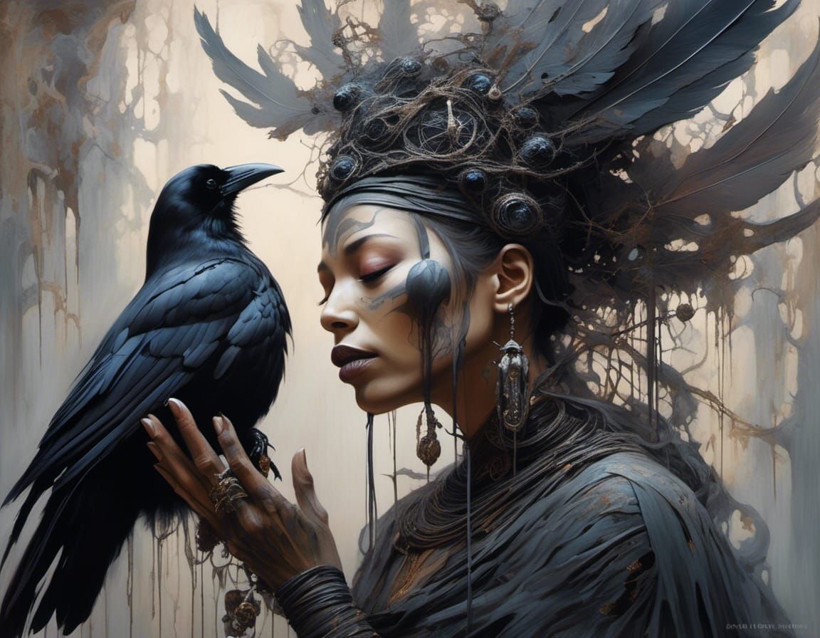 Raven Goddess in Sorrow with Dead Crow