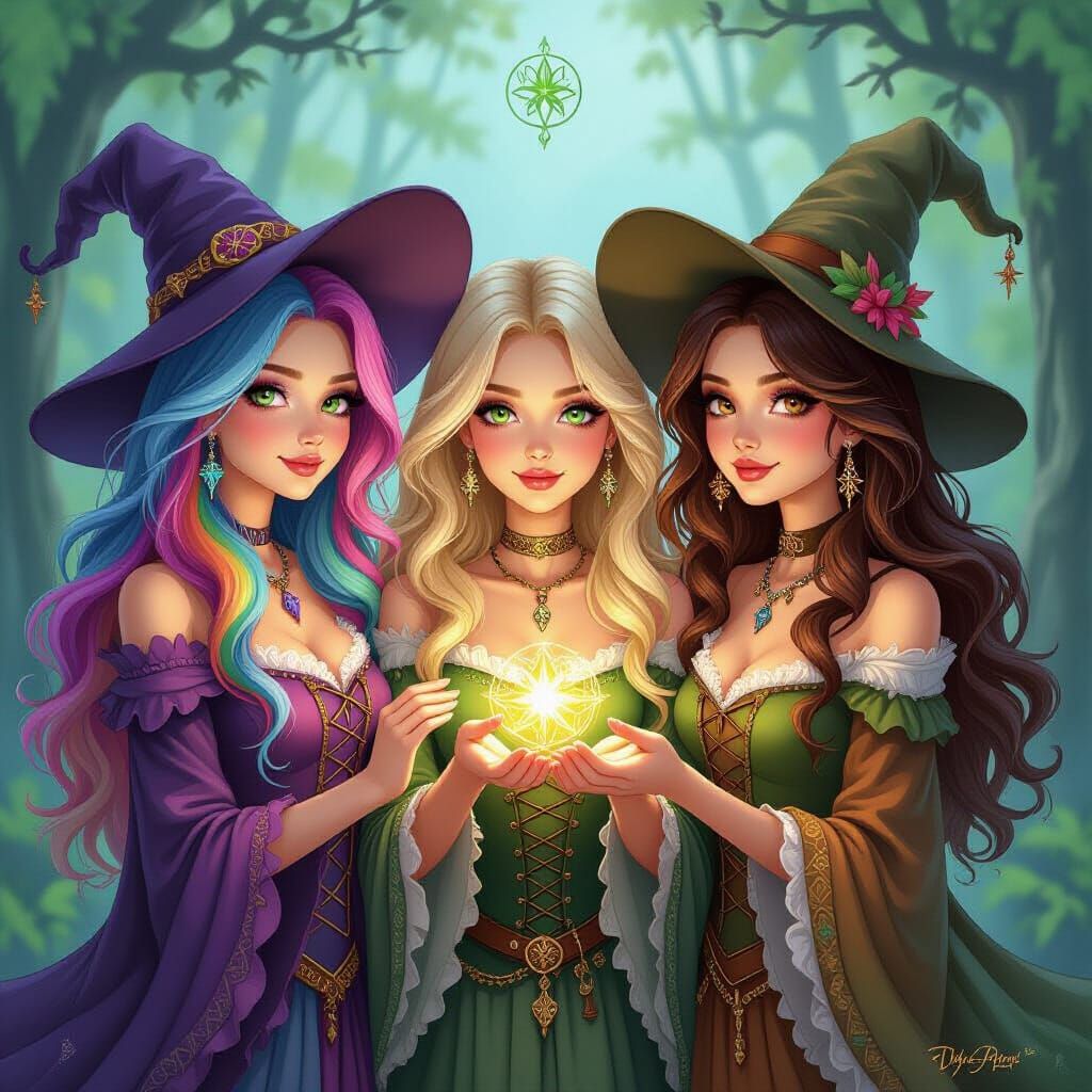 Whimsical Portrait of Three Enchanting Witch Sisters