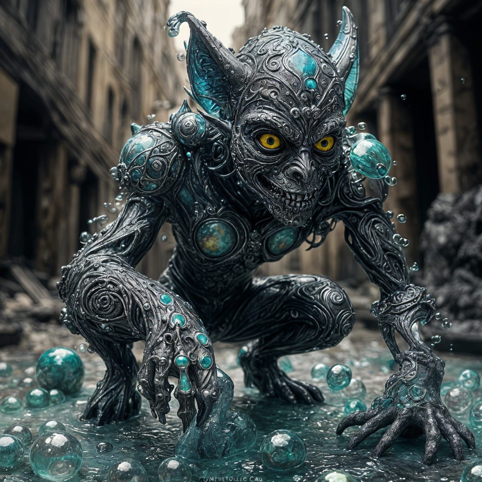 Abstract Gargoyle Made of Iridescent Soap Bubbles