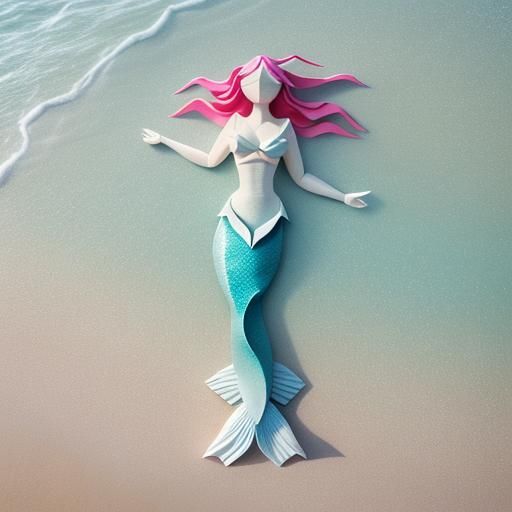 Origami Mermaid Relaxing on Tropical Beach