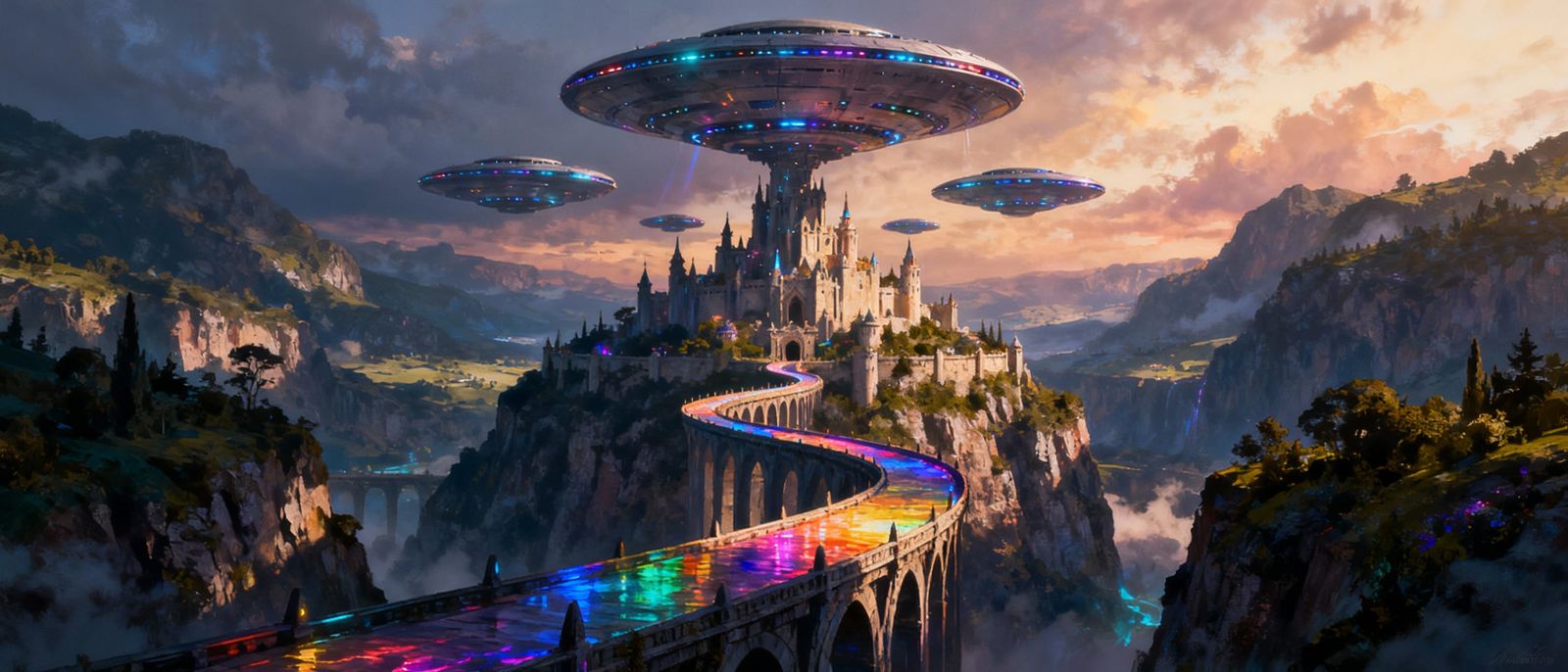 UFOs Hover Over Fantasy Castle on Twisting Bridge