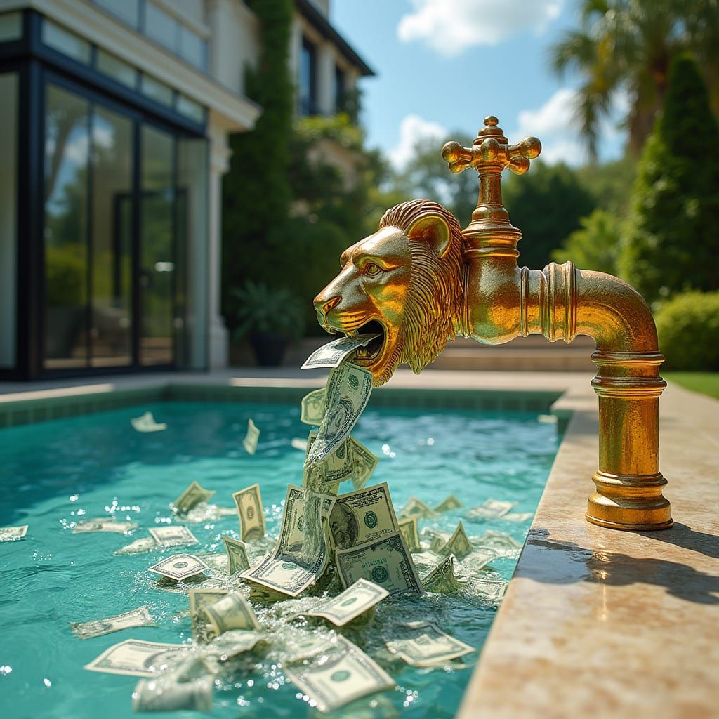 Luxurious American Estate with Gold Faucet Pipe and Lush Gre...